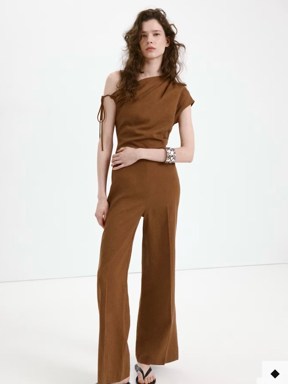 Mango - NWT Asymmetric Brown Linen Jumpsuit Romper